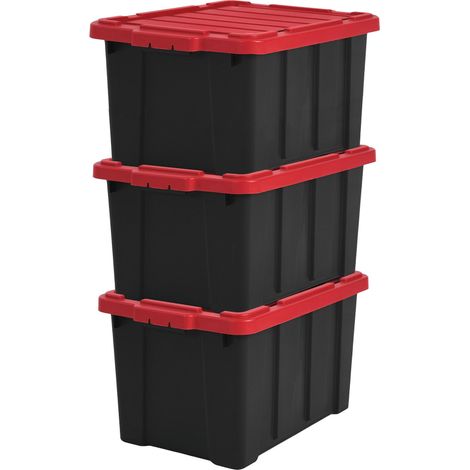 Caisse Rangement avec Couvercle Robuste, 50L, Lot de 3, Rouge, Compact, Durable, Empilable, pour Garage, Etagères, Déménagement, Plastique, Boite a Outils, Bac de Rangement, DDSKT-450 (1/5)