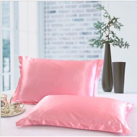 Lot de 2 Taie d'oreiller en Soie Satin Super Douce 48 x 74cm -Rose (1/3)