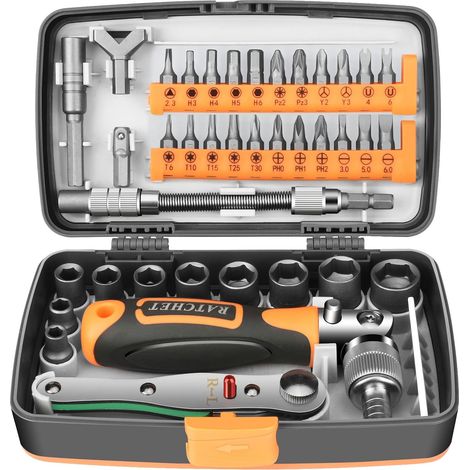 Coffret 38 pièces avec clé à cliquet 1/4", douilles et embouts, tournevis magnétique à rotation 180°, rallonges et joint universel pour meubles, voitures, ordinateurs et appareils électroniques (1/5)