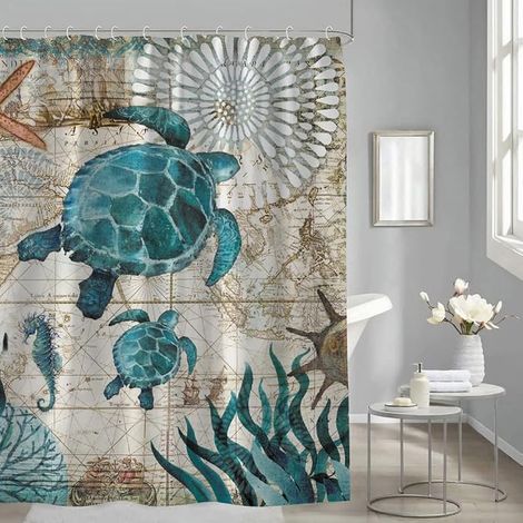 Rideau de Douche Anti-moisissure Salle de Bain Rideau Baignoire 180x180 Mer Tortue Marine Beaux Imprimés en Tissu Imperméable180180cm (1/5)