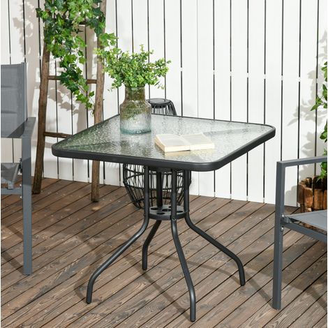 Tavolo da giardino in metallo nero quadrato con piano in vetro temperato, foro per ombrellone, 76 x 76 cm (1/5)