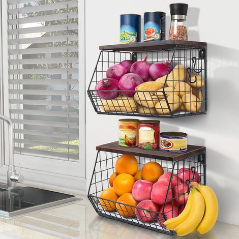 Hofuton Lot de 2, Corbeille à Fruit, Panier à Fruit, avec Couvercle en Bois, Panier Empilable et Montable au Mur, pour Rangement Collations et Légumes (1/5)