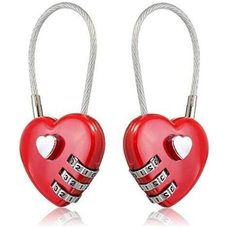 2 pièces câble métallique en forme de coeur amour serrure 3 cadenas à combinaison numérique mot de passe réinitialisable pour sacs de voyage