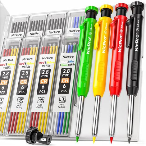 4 Pièces Porte Mines avec Taille crayon, Crayon Chantier avec 52 Recharges, Crayon Charpentier Marqueur à trou Profond, Crayons Menuisier pour Architecte Menuisier(Rouge, Jaune, Noir, Vert) (1/5)