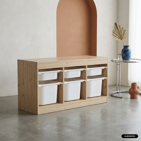 Meuble de rangement pour enfant décor bois 6 bacs en plastique naturel - Sora (1/4)