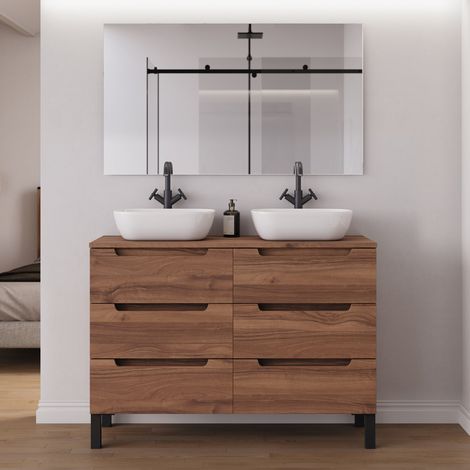 Meuble de salle de bain 140cm avec plateau et 2 vasques à poser arrondies - 6 tiroirs - noyer (bois foncé) - RIZA (1/5)