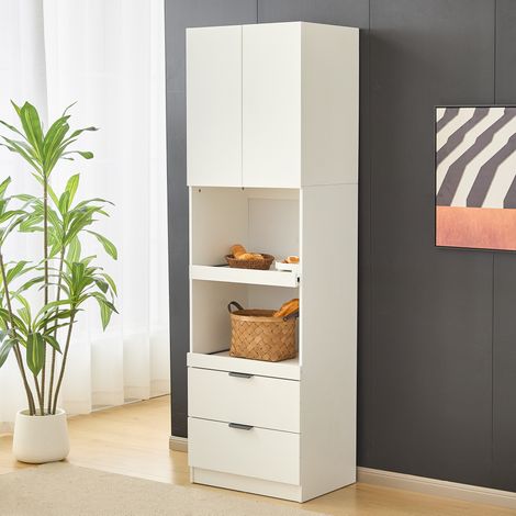Credenza bianca alta 200 cm con ripiano porta microonde, 2 cassetti e sistema anti-ribaltamento, per sala da pranzo e soggiorno (1/5)