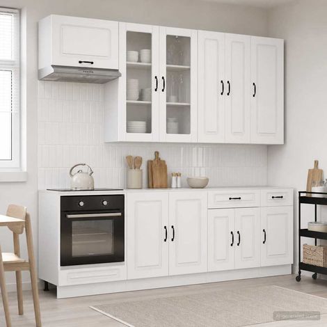 Unité de cuisine KALMAR 8 pièces blanc brillant en bois d’ingénierie avec meubles hauts et bas, pieds réglables (1/5)