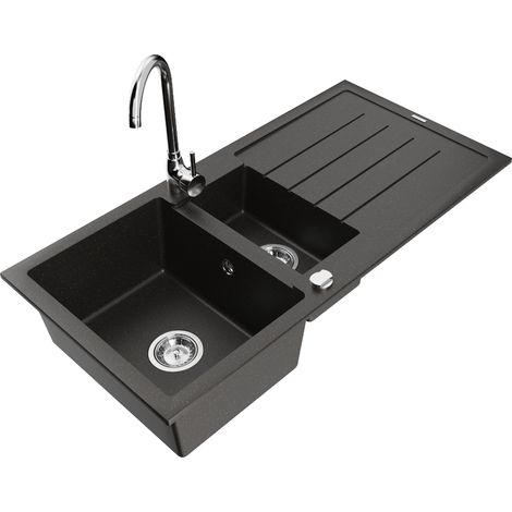 Mexen Andres fregadero de granito de 1,5 senos con escurridor y grifo de cocina Telma, negro/dorado - 6515-75-670200-00