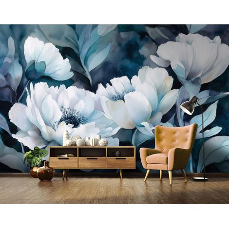 Fototapete Blumen Blau Weiß, für Wohnzimmer und Schlafzimmer, 250 x 175 cm – Komplettset inkl. Kleister & Anleitung