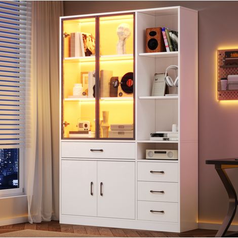 Vitrine bibliothèque 120x35x200 cm blanche en panneaux de particules avec LED, 4 tiroirs et 13 rangements (1/5)