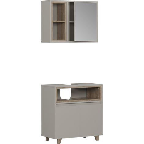 Set di mobili da bagno Elnor, Greige/Rovere, con mobiletto a specchio e mobiletto base, Vicco