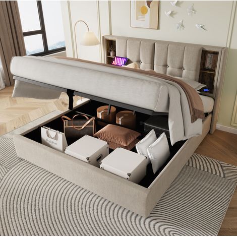 Lit coffre en लिन naturel 160x200 cm avec chargement sans fil, USB et tête de lit avec rangement (1/5)