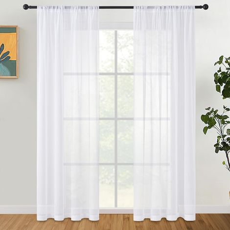 Lot de 2 rideaux en tulle sans tringle - pour salon, chambre - 140 x 260 cm (L x H) - blanc (1/5)