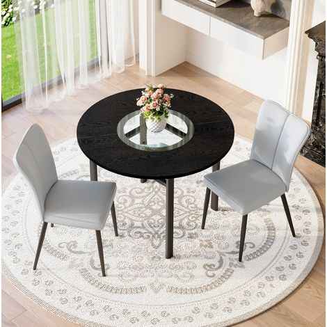 Esszimmergarnitur aus MDF, Glas und Metall in Schwarz/Hellgrau, Rundtisch Ø100 cm mit 2 PU-Stühlen und Glasablage (1/5)