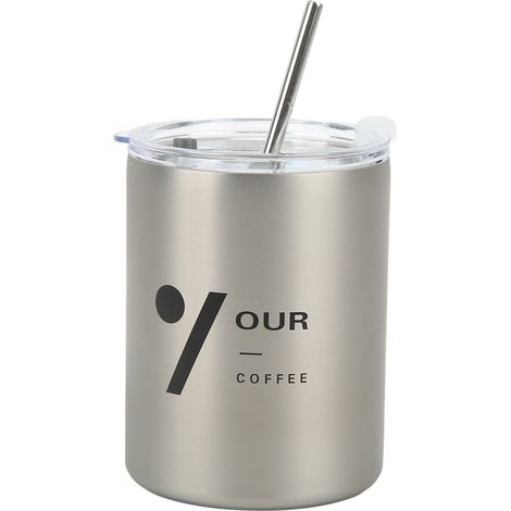 Gourde Café Inox 320ml 12oz Tasse Isotherme Acier Inoxydable Argent avec Couvercle et Paille, Mug à Emporter pour Voyage (1/5)
