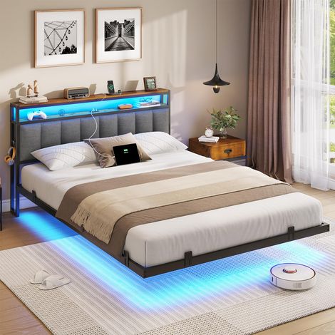 Cadre de Lit 160x200 avec Multiprise et Éclairage LED, Lit 2 Personnes Flottant avec Tête de Lit Rangement, Sommier en Métal, Structure Stable, Lin Gris Foncé(sans Matelas) (1/5)