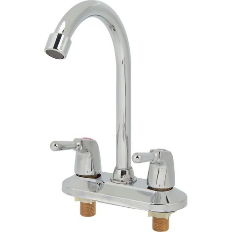 Mitigeur d'évier 2 poignées, 2 trous avec plaque de fixation, robinet mélangeur eau chaude/froide pour vasque, salle de bain et cuisine, design platine (1/5)