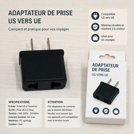 Adaptateur de voyage US 2 broches compact noir ABS 635553mm 2 noir 6 500 35 g – Livraison gratuite