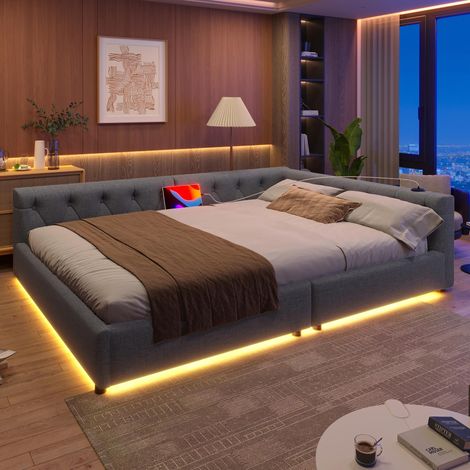 Canapé-lit, méridienne, 140x200cm, sommier à lattes (sans matelas), éclairage d'ambiance avec télécommande, tête de lit capitonnée, USB + Type-C, lin, gris, garantie 2 ans