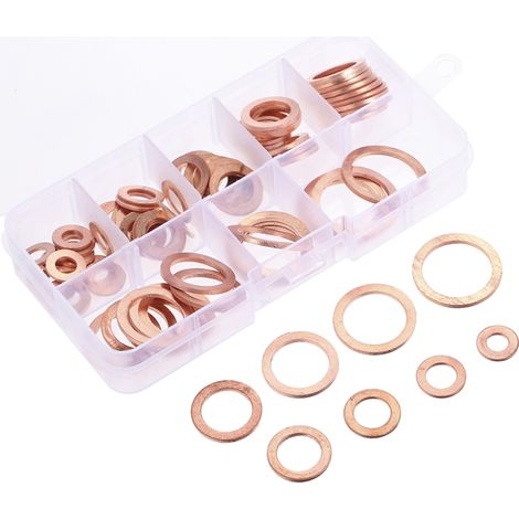 Kit de 80 rondelles d'étanchéité plates en cuivre massif (8 tailles, M6 à M20) pour accessoires de quincaillerie, avec boîte. (1/5)
