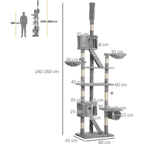 Arbre à chat de 240 à 260 cm de haut, avec balles en peluche, grotte, hamac, poteaux en sisal, plateformes, plusieurs niveaux, idéal pour les grands chats, gris clair. (1/5)