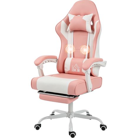Fauteuil de jeu avec massage lombaire, vibration, inclinaison à 155°, hauteur réglable, appui-tête et repose-pieds rétractables, rose (1/5)