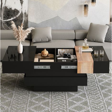 Couchtisch aus MDF Schwarz 70 x 70 x 39 cm, quadratisch, ausziehbar mit verstecktem Stauraum (1/5)