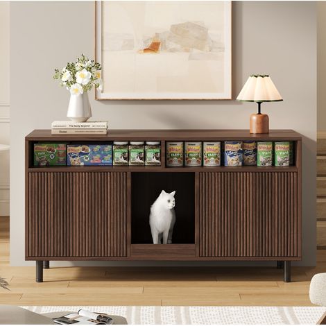 Meuble litière pour chat 120x50x66 cm avec tapis récupérateur, rangement et étagère, coloris noyer (1/5)