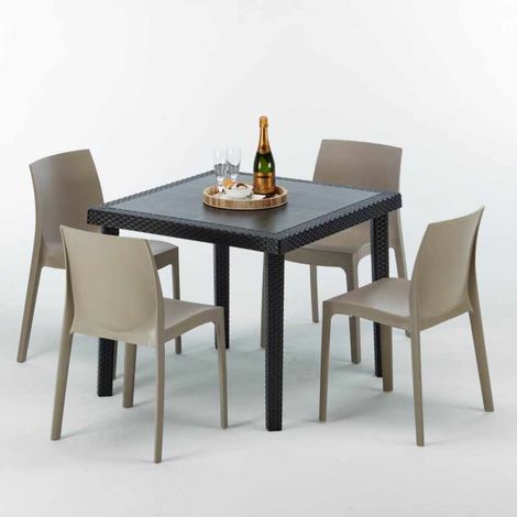 Tavolino Quadrato Nero 90x90 cm con 4 Sedie Colorate Rome Passion - Beige
