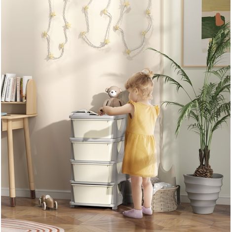 Scaffale portaoggetti per bambini 37x37x76 cm, 4 cassetti estraibili, seduta, plastica, bianco crema (1/5)