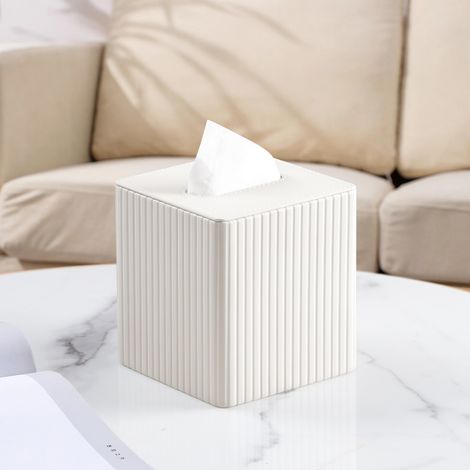 Boîte à mouchoirs en cuir carrée avec couvercle, boîte à mouchoirs cubique, idéale pour le salon, le bureau, la décoration intérieure (blanche). (1/4)