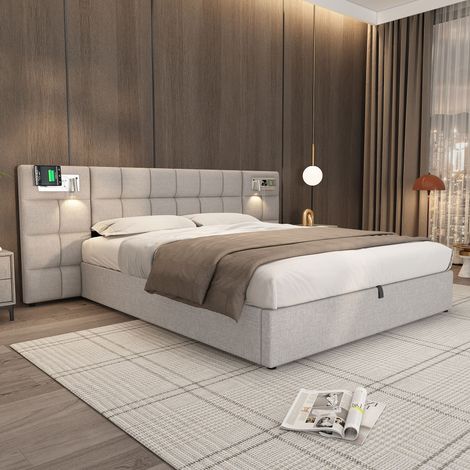 Letto imbottito 180x200 cm, letto contenitore con porta USB, caricatore wireless e luce, lino, grigio (1/5)