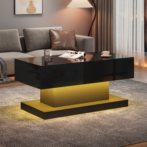 Table basse relevable LED laquée — Plateau semi-relevable à coulissement latéral, mécanisme de levage hydraulique, espace de rangement intégré