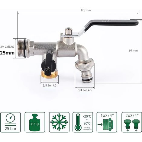 Robinet de jardin extérieur (entrée d'eau DN20), antigel, double commande, en cuivre, pour lave-linge et évier de jardin 1/2 (1/4)