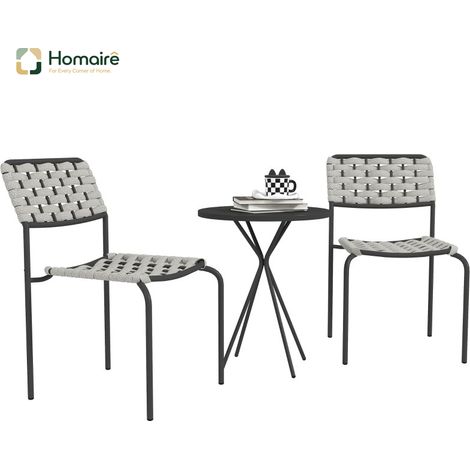 HOMAIRE Set de mobilier de jardin en polyrattan pour 2 personnes, groupe de sièges 3 pièces avec 2 chaises empilables, table, résistant aux intempéries pour jardin, terrasse, balcon, gris
