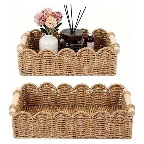 Ce panier décoratif en corde de papier aux bords ondulés convient aux salons, aux chambres et même aux salles de bains, alliant rangement et décoration. (1/5)