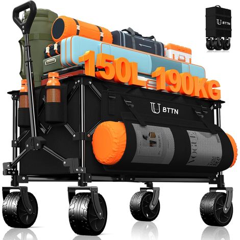 Chariot de transport pliable 150 l - Charge maximale : 190 kg - Avec grandes roues balustrades de 15 x 6 cm - Chariot de transport pliable pour jardin, camping, shopping et pique-nique - Noir (1/5)