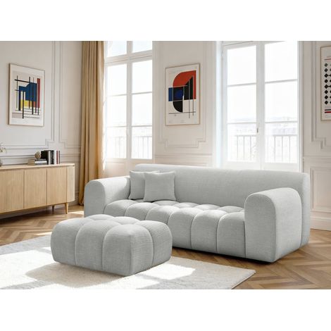 BOBOCHIC - Canapé droit fixe 3 places MELISSE tissu texturé avec pouf Gris clair (1/5)