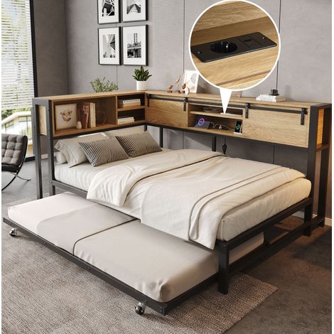Letto per bambini 120x200 cm con letto estraibile 90x190 cm, vano portaoggetti e porta di ricarica, in metallo nero e legno naturale (1/5)