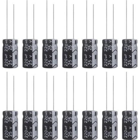 Condensatore elettrolitico da 220uF 25V, in alluminio, 6x12mm, condensatore elettrolitico 220uF MFD 105°C (confezione da 15 pezzi)