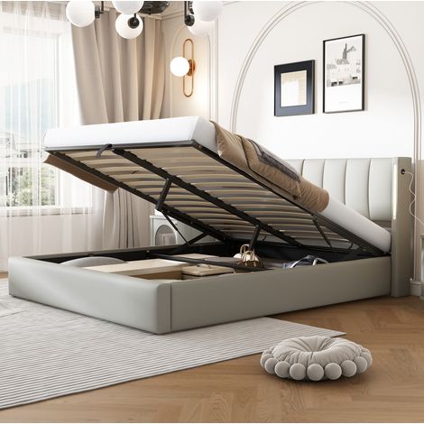 Lit coffre en PU gris 140x190 cm avec LED, port USB et sommier à lattes inclus (1/5)