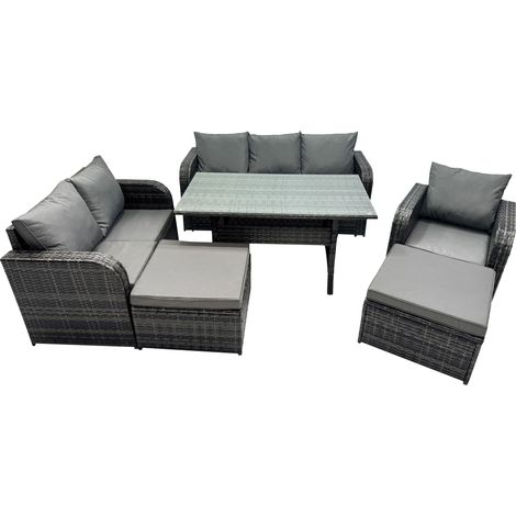 Fimous 8 Seat Outdoor Wicker PE Rattan Garden Furniture Set Dining Table Sofa Set with 2 Big Stools Dark Grey Mixed (1/5)