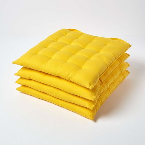 HOMESCAPES Yellow Plain Seat Pad with Straps 100% Cotton 40 x 40 cm, Set of 4 (1/5)