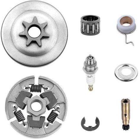 Kit Tambour d\'embrayage de pignon 3/8"-7T pour Stihl 017 018 MS170 MS180 021 023 025 MS210 MS230 MS250, pignon + Tambour d\'embrayage + roulement à pignon + rondelle + E-Clip + Bougie d\'allumage (1/5)