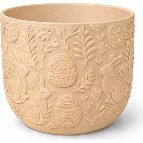 Pot de fleurs beige de Pâques avec lapins, cache-fleurs décoratif printanier (1/3)