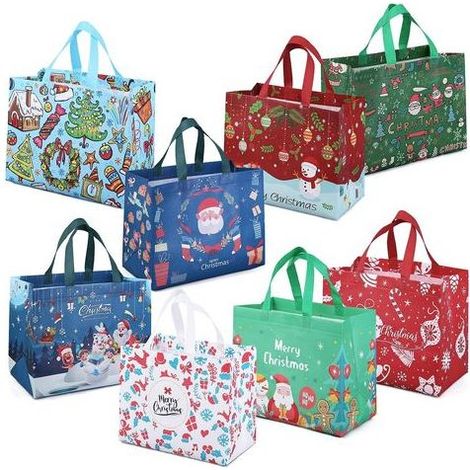 8PCS Sacs-cadeaux de Noël, Sacs à provisions réutilisables, Sacs de Noël multifonctionnels non tissés pour emballer des cadeaux, Fournitures de fête de Noël, 32,5 × 25 × 17cm (1/4)