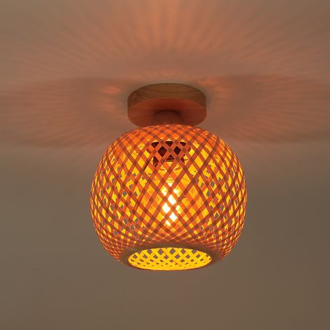 Vintage Plafonnier Style Bohème Abat-jour en Bambou Lampe Suspendue Rustique Luminaire E27 pour Couloir Salon Cuisine 20cm (1/5)