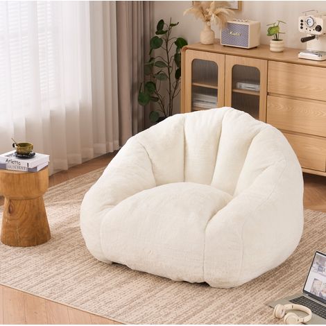 Poltrona pouf adulto in ecopelliccia, imbottitura in schiuma, bianco crema, 123x111x75 cm HAVRYA (1/5)