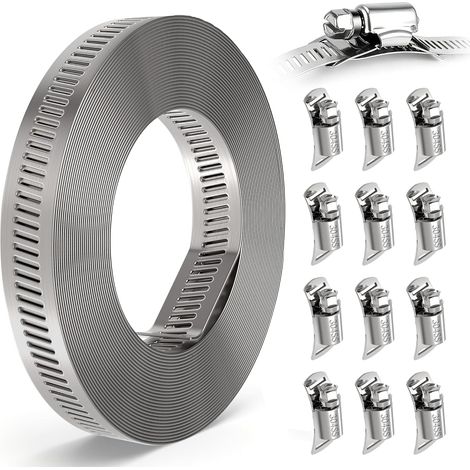 5M Collier de Serrage Inox, Collier de Serrage Métallique avec 12 Pcs Fermetures pour Tuyaux Piscine Voiture Machine à Laver (1/5)